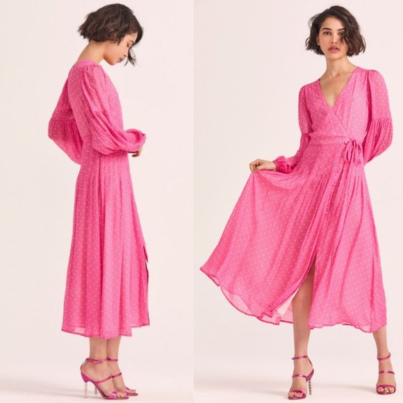 LoveShackFancy Bevelyn Pink White Polka Dot Wrap Dress Long Sleeves Front Slit - Picture 1 of 12